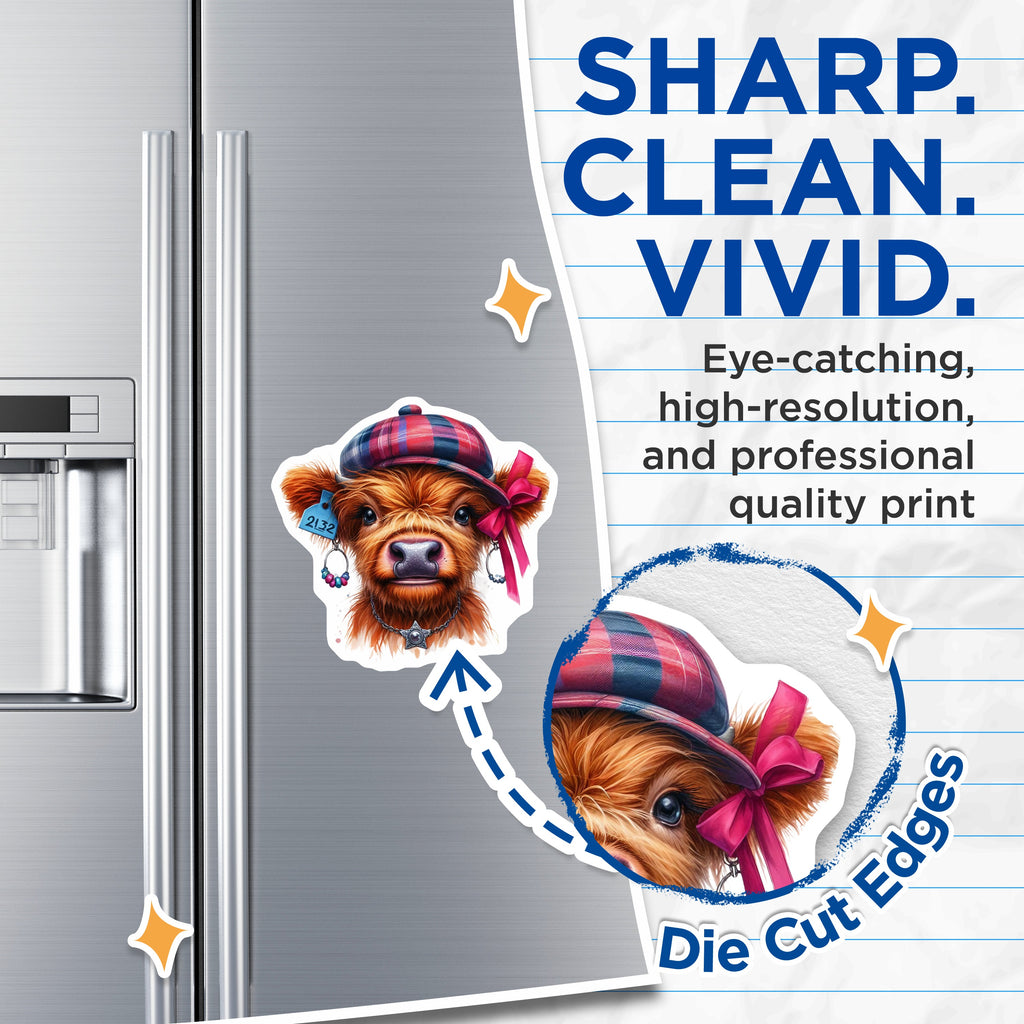(2 Pack) Highland Cow Magnets - Cute Baby Calf Fridge Decor - Whimsical Farm Animal Kitchen Art for Home - 5 Inches On Longest Side - Thick Durable Magnet - Made in USA - MAG38143