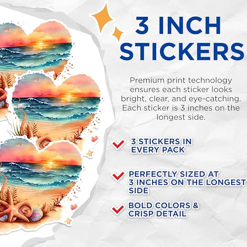 (3 Pack) Beach Sunset Heart Decals - Ocean Starfish Seashells - Tropical Laptop Decals - 3 Inches On Longest Side - Easy Peel & Apply - Made in USA - 3MCS1647