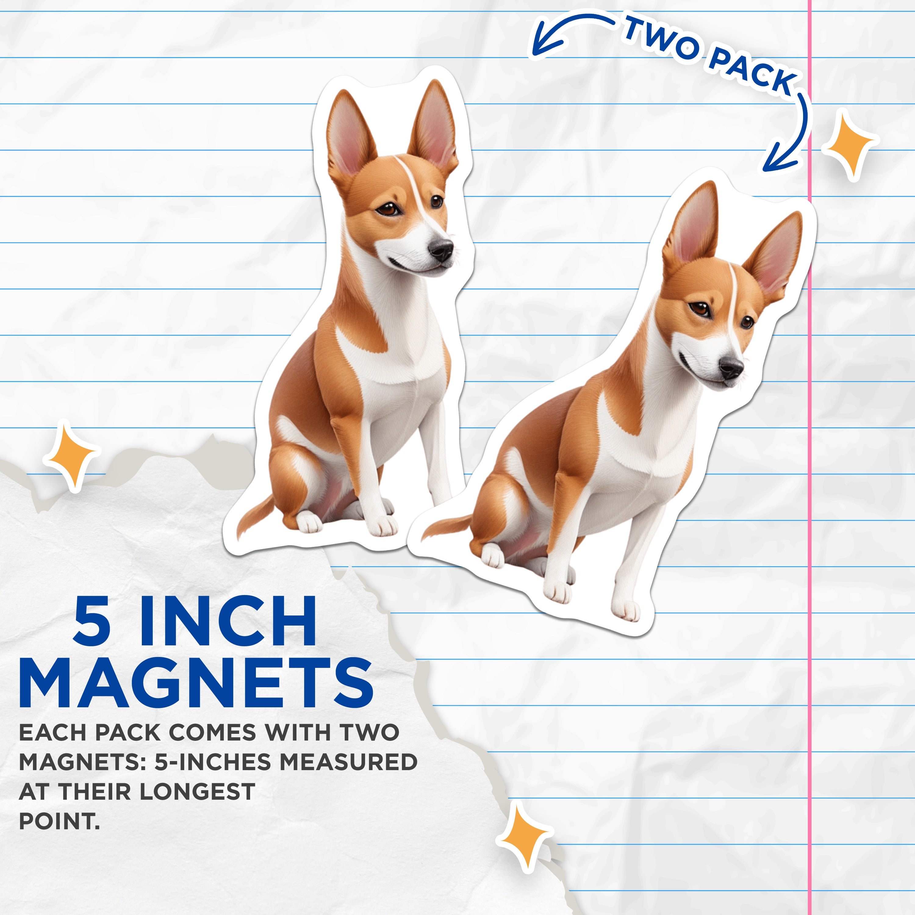 (2 Pack) Basenji Dog Magnets - Cute Pet Lover Decor - Dog Mom Dad Fridge Accessory - Animal Art Collectible - 5 Inches On Longest Side - Thick Durable Magnet - Made in USA - MAG36458