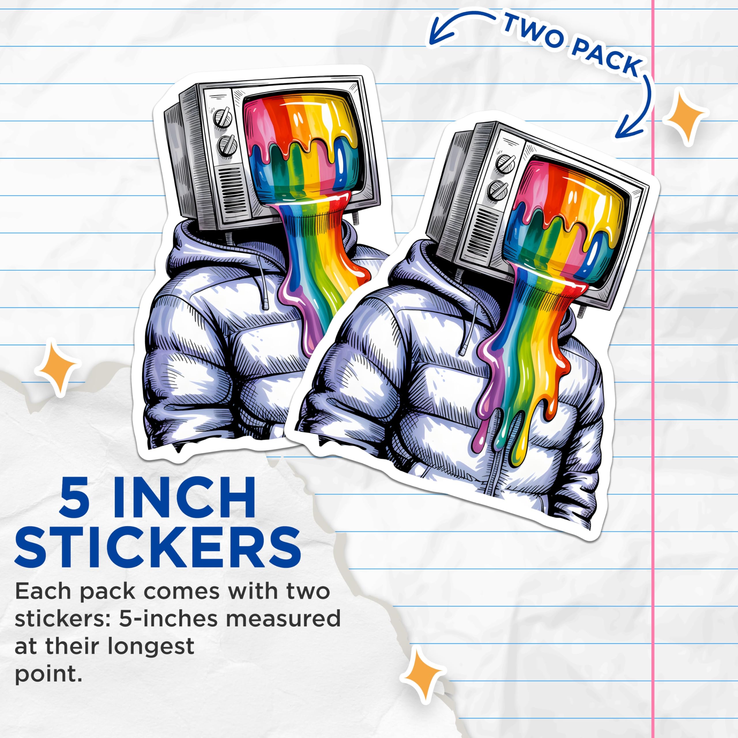 (2 Pack) Rainbow TV Head Stickers - Surreal Art Decals - Psychedelic Stickers- 5" On Longest Side - Sticks to Smooth Flat Surfaces - Made in USA - BMCS16289