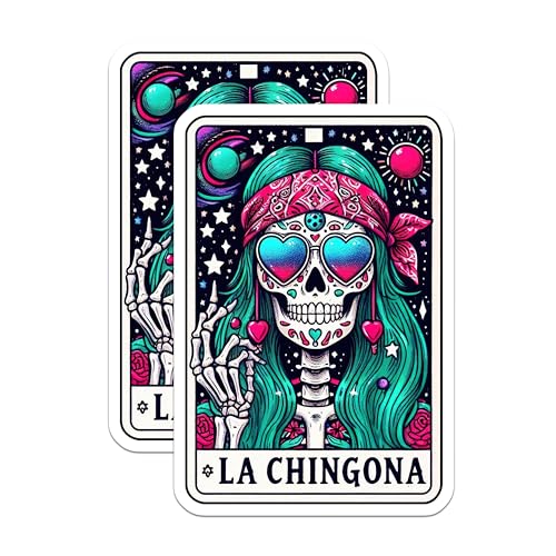 (2 Pack) La Chingona Skull Stickers - Day of The Dead Stickers - Colorful Skull Art Stickers - 5" On Longest Side - Sticks to Smooth Flat Surfaces - Made in USA - BMCS5132