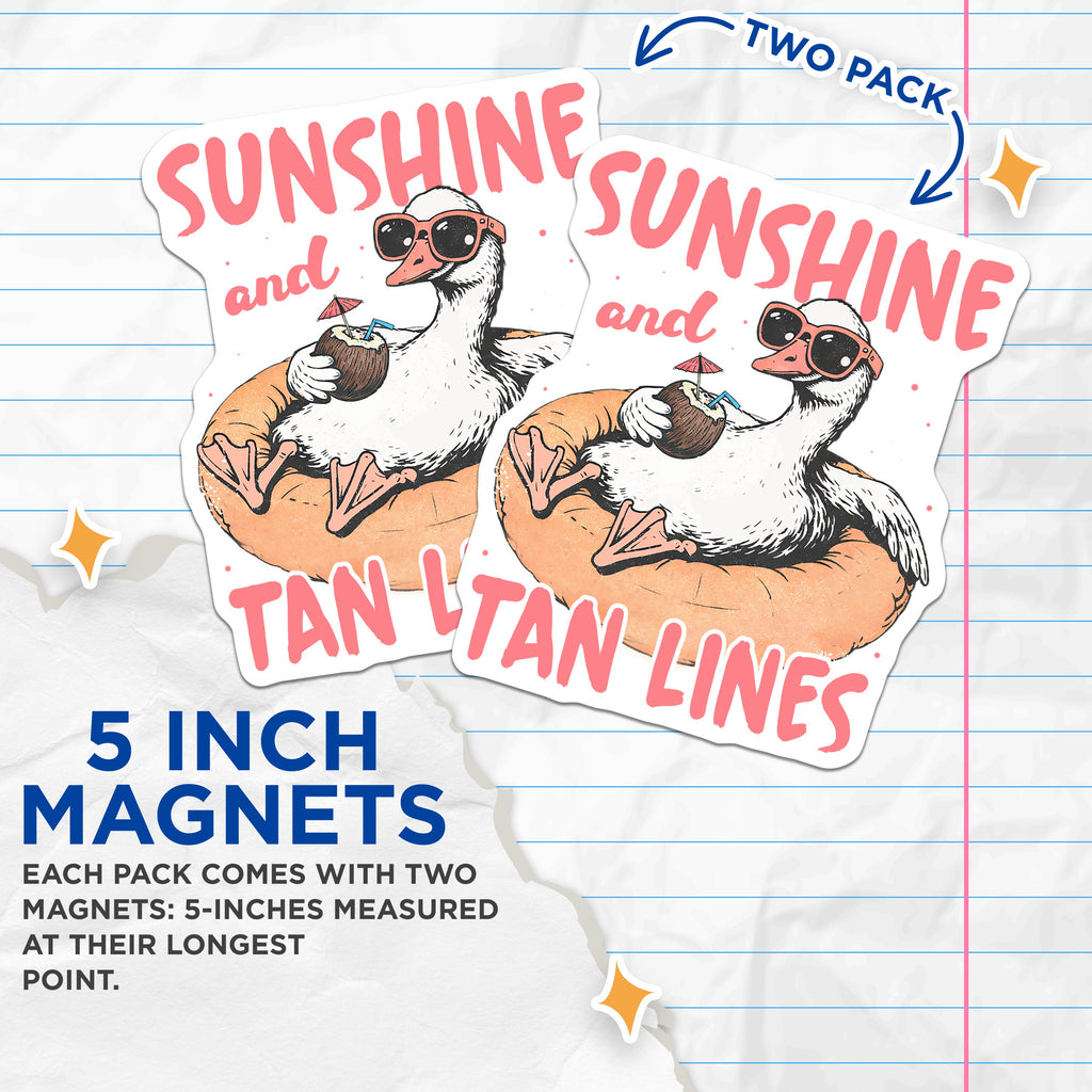 (2 Pack) Sunshine Tan Lines Magnets - Funny Duck Vacation Decor - Beach Life Refrigerator Magnet - 5 Inches On Longest Side - Thick Durable Magnet - Made in USA - MAG37919