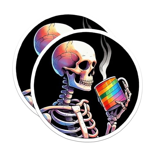 (2 Pack) Skeleton Drinking Coffee Stickers - Rainbow Mug Sticker - Coffee Lover Stickers - 5" On Longest Side - Sticks to Smooth Flat Surfaces - Made in USA - BMCS6416