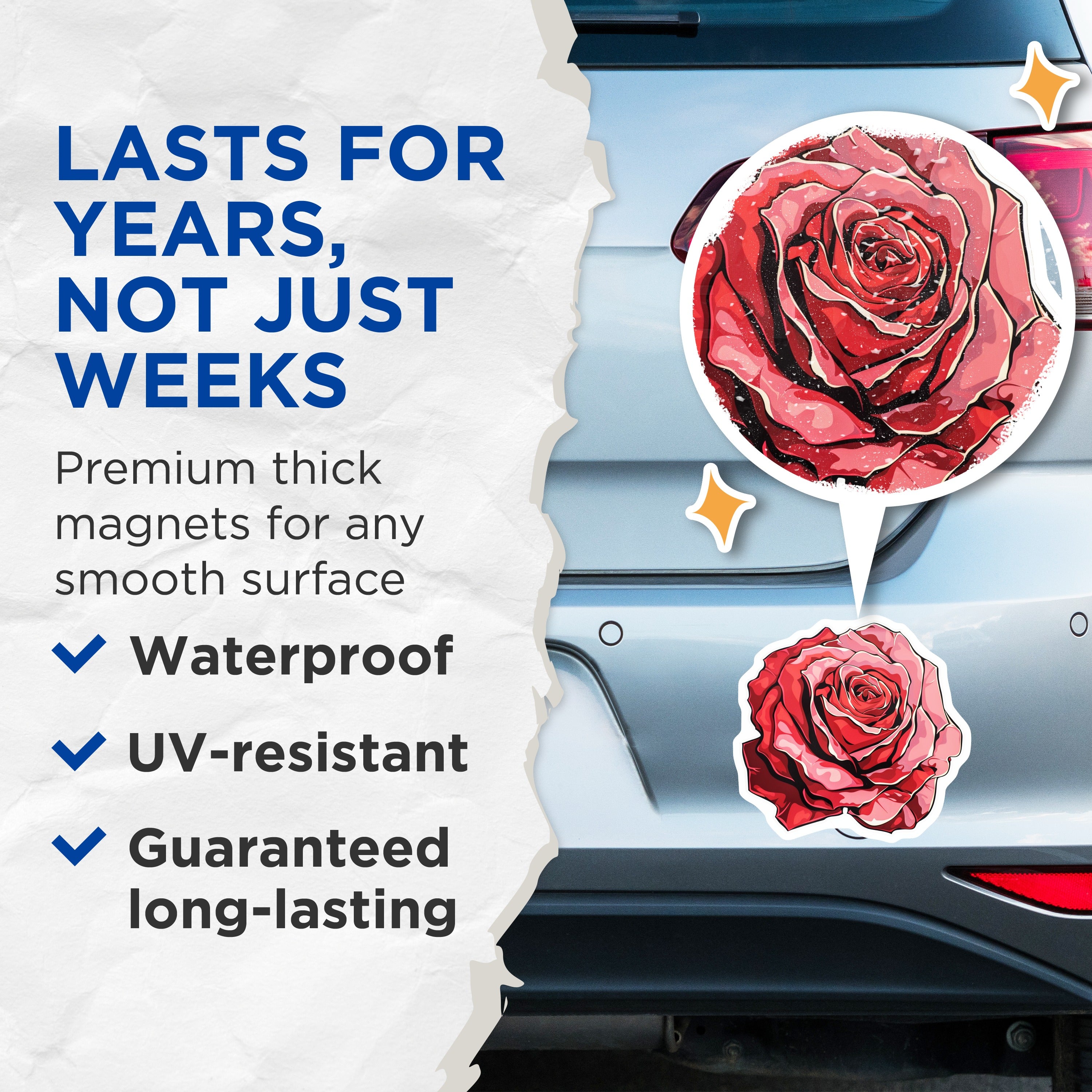 (2 Pack) Red Rose Magnets - Valentine's Day Decor - Romantic Kitchen Fridge Floral Accent - 5 Inches On Longest Side - Thick Durable Magnet - Made in USA - MAG36135