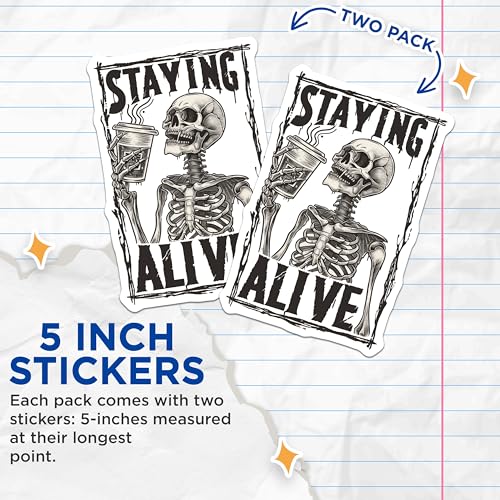 (2 Pack) Staying Alive Skeleton Stickers - Funny Skeleton Stickers - Unique Skull Design Stickers - 5" On Longest Side - Sticks to Any Smooth Flat Surface - Made in USA - BMCS3505