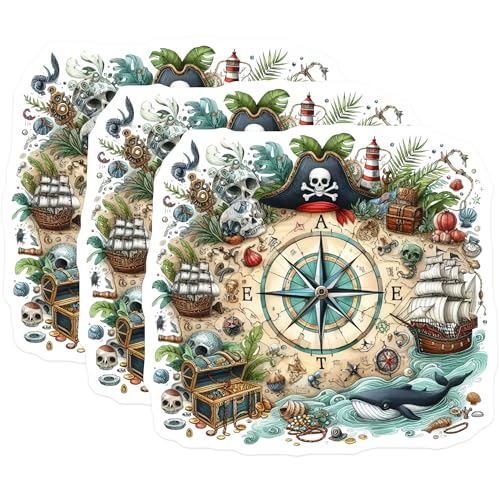 (3 Pack) Pirate Map Decals - Nautical Compass Sticker - Treasure Hunt Laptop Decal- 3 Inches On Longest Side - Easy Peel & Apply - Made in USA - 3MCS5405