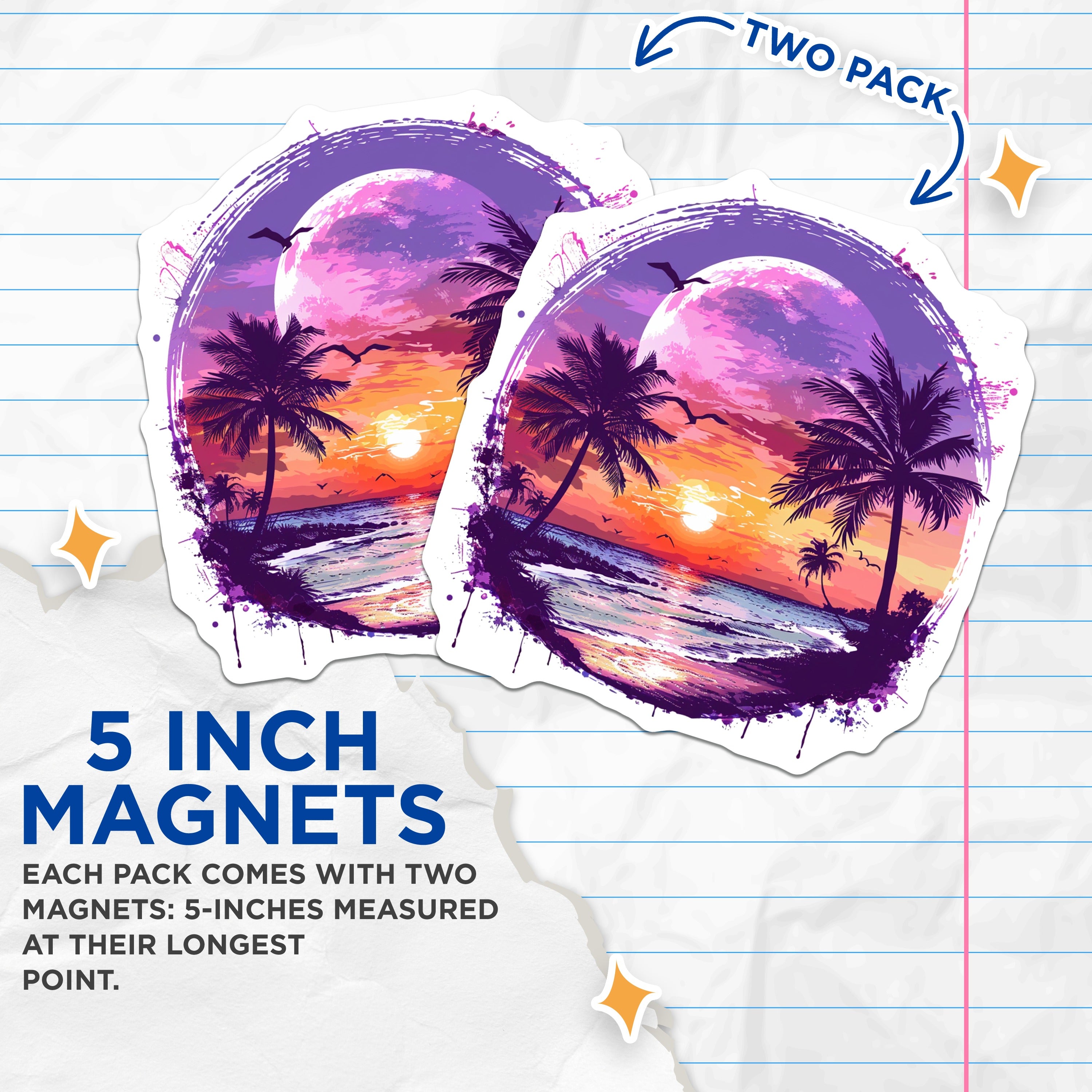(2 Pack) Tropical Sunset Magnets - Palm Tree Beach Scene - Vibrant Ocean Art - Refrigerator Decor - 5 Inches On Longest Side - Thick Durable Magnet - Made in USA - MAG36227