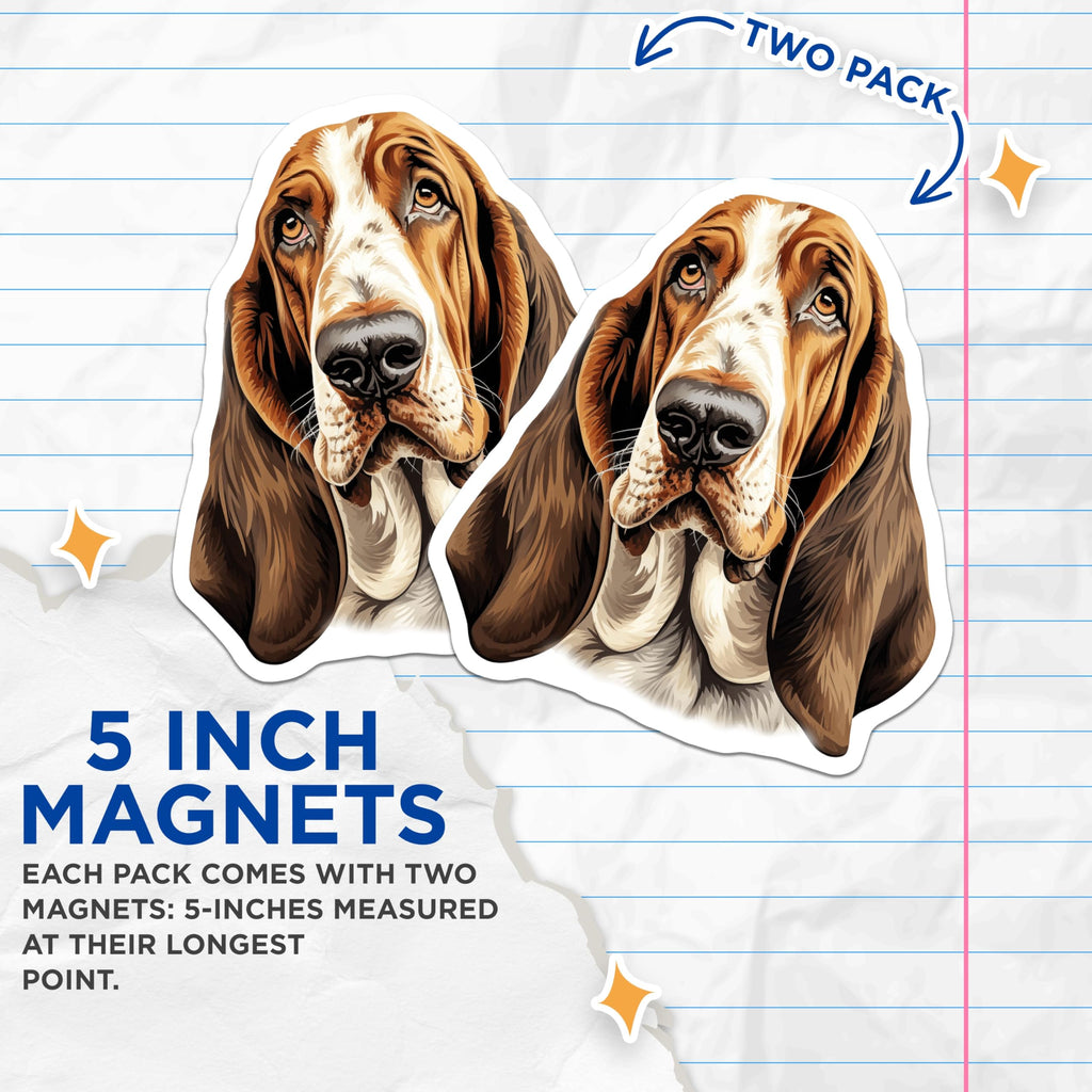 (2 Pack) Basset Hound Magnets - Dog Lover Decor - Pet Breed Accessories - Cute Animal Art for Fridge - 5 Inches On Longest Side - Thick Durable Magnet - Made in USA - MAG25744