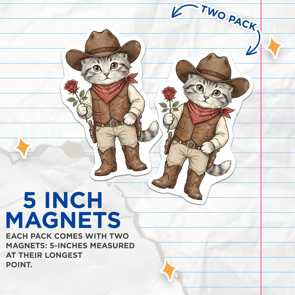 (2 Pack) Cowboy Cat Magnets - Western Kitten Decor - Rose Holding Cowboy Cat - 5" On Longest Side - Premium Magnet - for Cars, Refrigerators, Toolboxes, Lockers - Made in USA - MAG14365