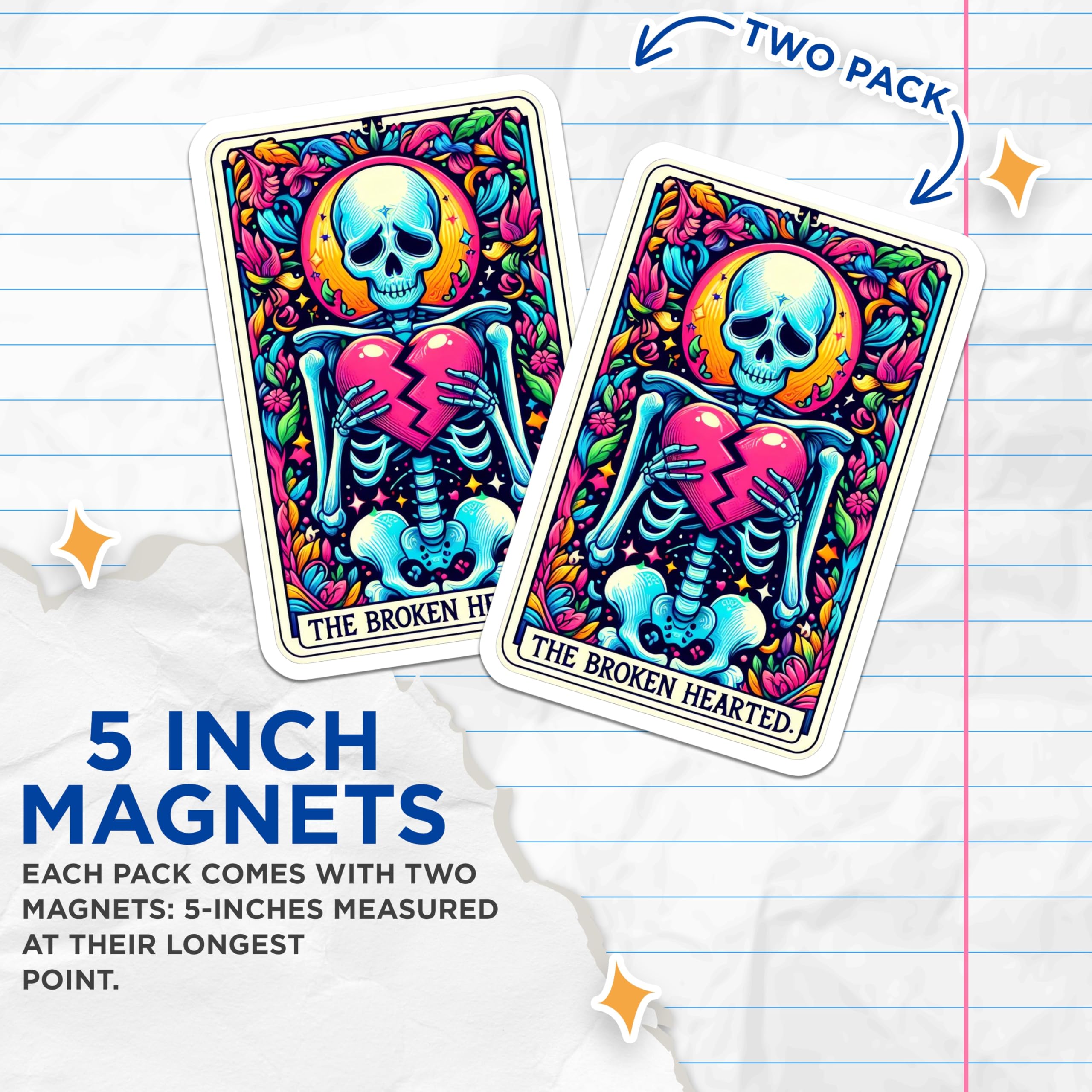 (2 Pack) Colorful Skeleton Magnets - Broken Heart Tarot Art - Alt Aesthetic Fridge Decor - 5 Inches On Longest Side - Thick Durable Magnet - Made in USA - MAG27315