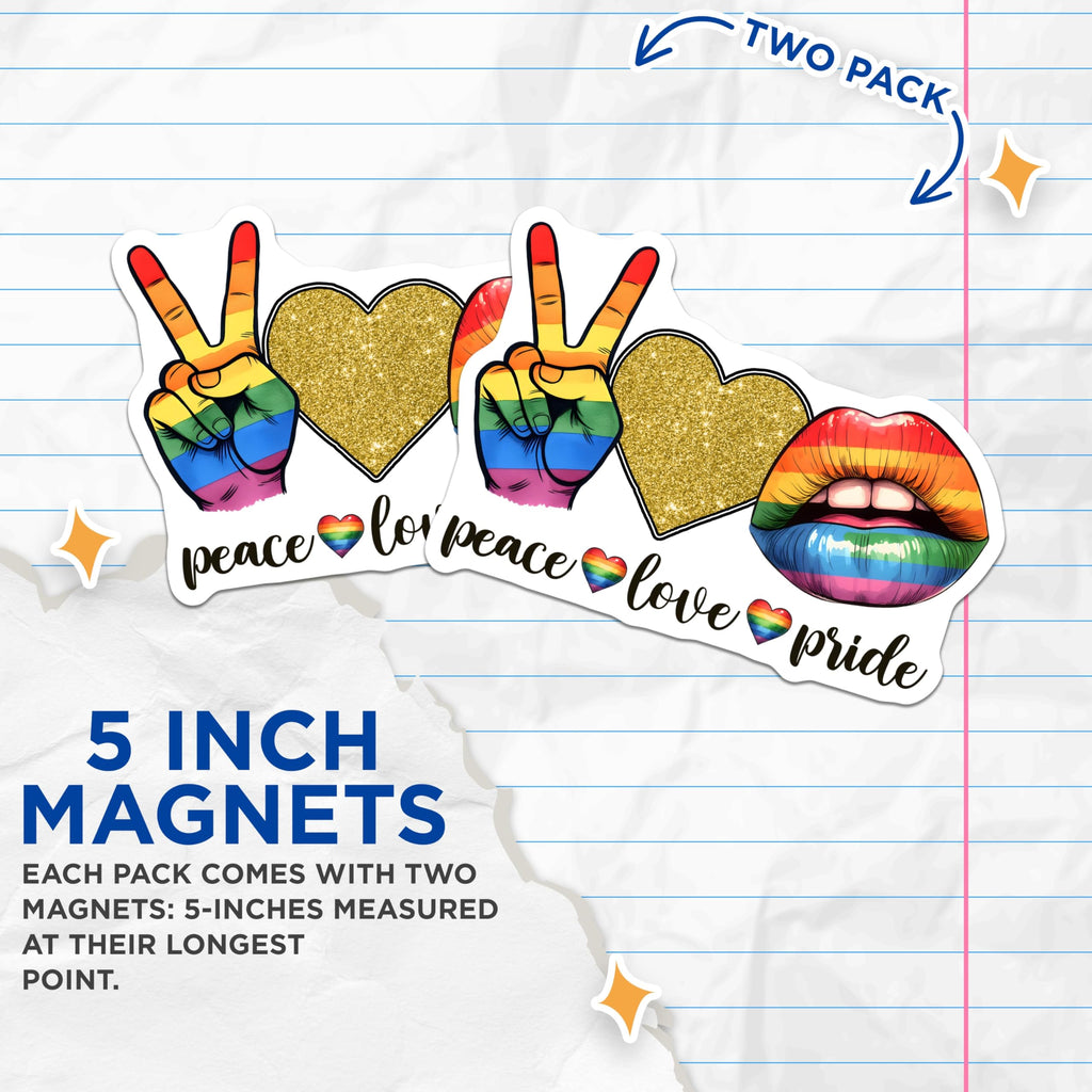 (2 Pack) Pride Magnets - Peace Love Pride - Rainbow LGBTQ Decor - 5" On Longest Side - Premium Magnet - for Cars, Refrigerators, Toolboxes, Lockers - Made in USA - MAG16711
