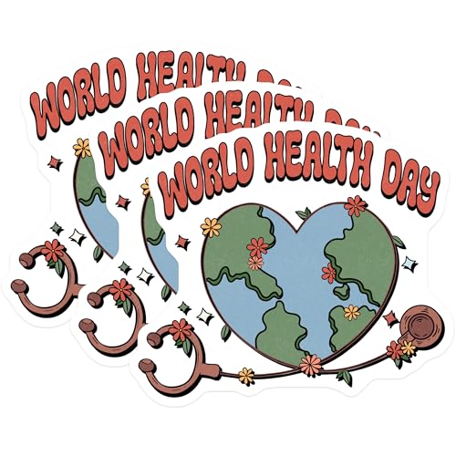 (3 Pack) World Health Day Decals - Earth Heart Sticker - Stethoscope Decor - 3 Inches On Longest Side - Easy Peel & Apply - Made in USA - 3MCS7594