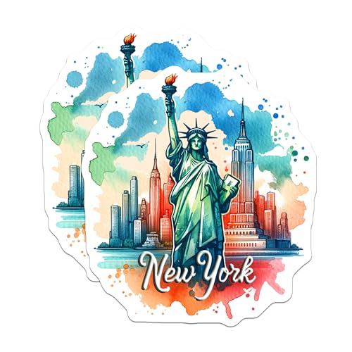 (2 Pack) New York City Stickers - Statue of Liberty - Skyline Art - 5" On Longest Side - Sticks to Smooth Flat Surfaces - Made in USA - BMCS6411