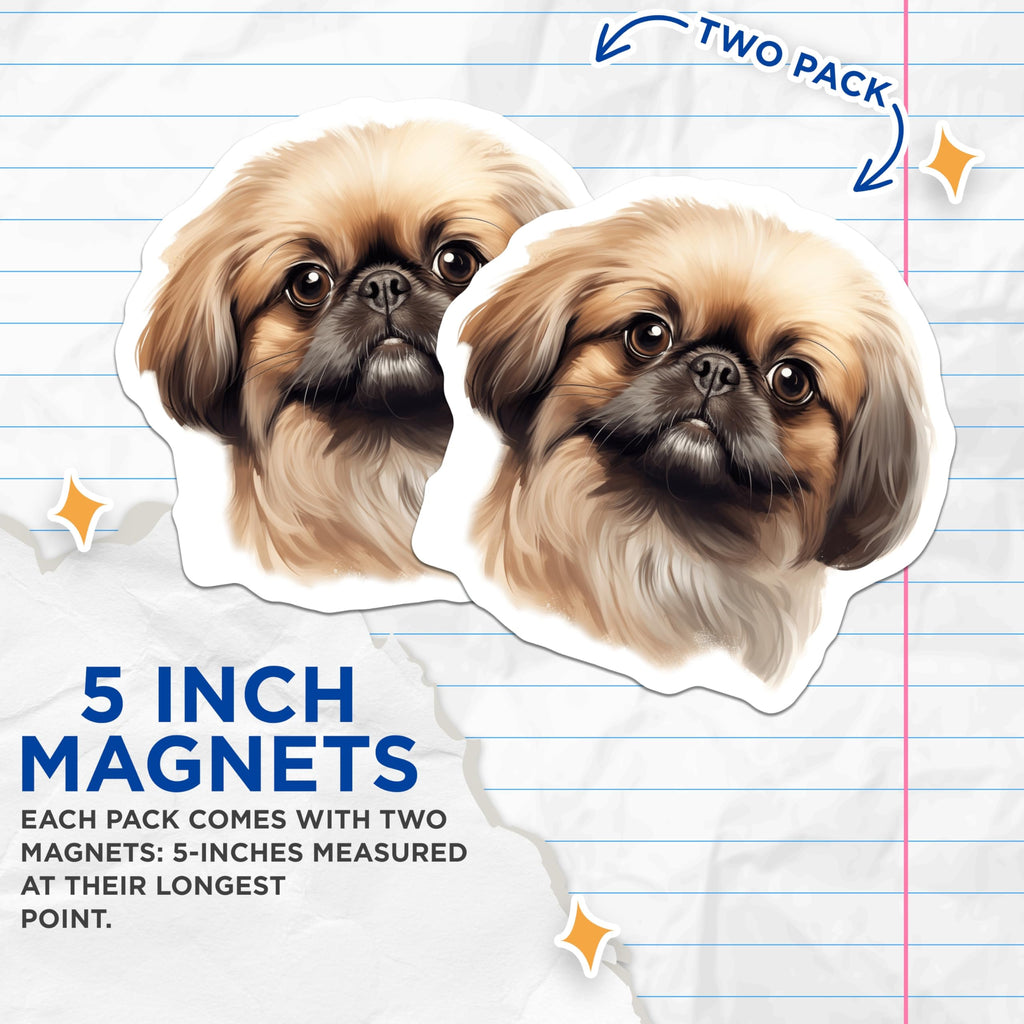 (2 Pack) Pekingese Dog Magnets - Cute Fluffy Puppy Art - Pet Lover Animal Portrait - Dog Mom Dad Fridge Decor - 5 Inches On Longest Side - Thick Durable Magnet - Made in USA - MAG26720