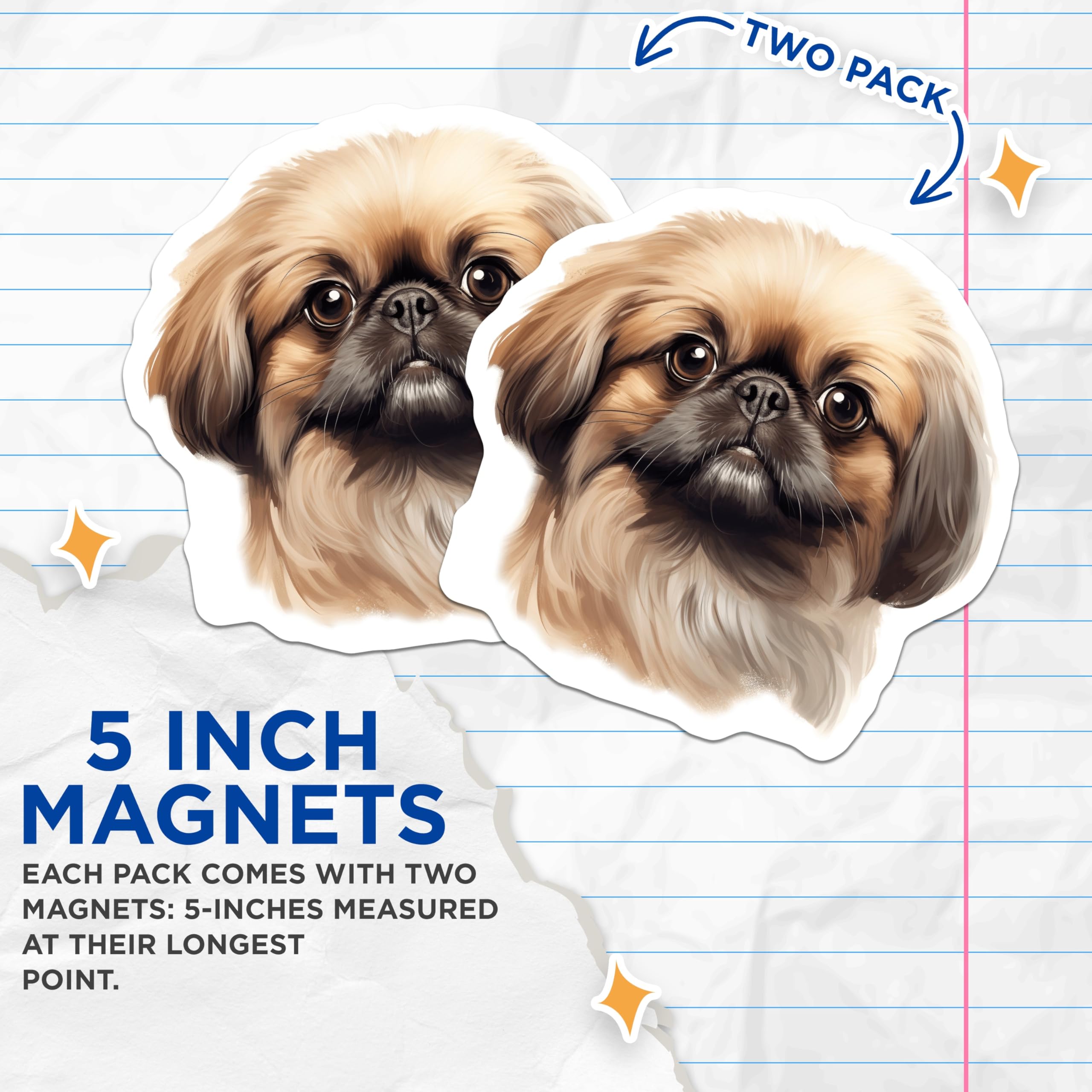 (2 Pack) Pekingese Dog Magnets - Cute Fluffy Puppy Art - Pet Lover Animal Portrait - Dog Mom Dad Fridge Decor - 5 Inches On Longest Side - Thick Durable Magnet - Made in USA - MAG26720