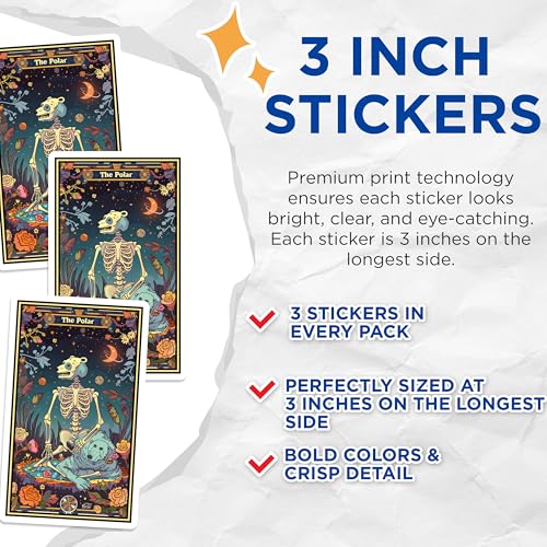 (3 Pack) Polar Bear Tarot Decals - Skull Skeleton - Fantasy Art Decals - 3 Inches On Longest Side - Easy Peel & Apply - Made in USA - 3MCS2441
