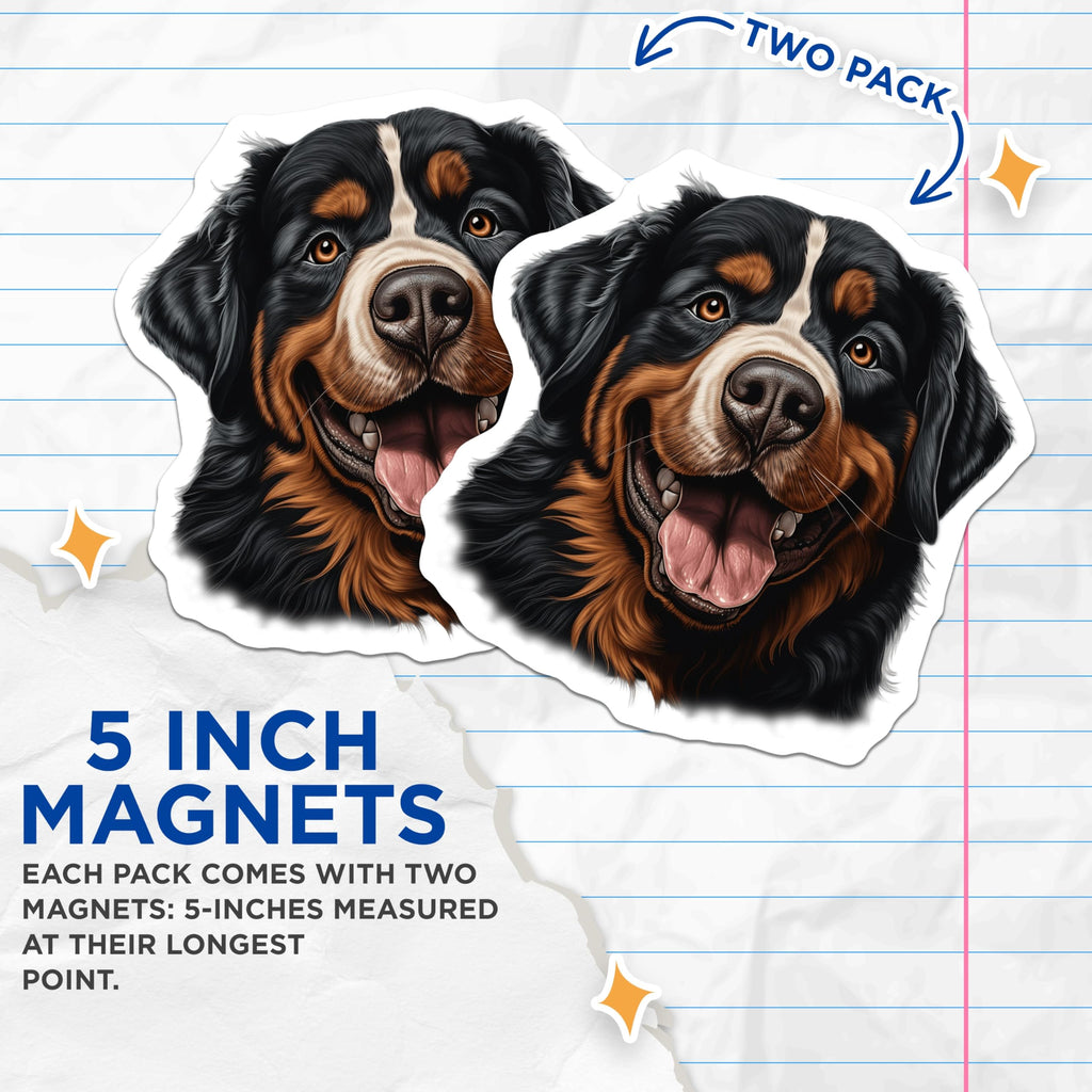 (2 Pack) Bernese Mountain Dog Magnets - Happy Berner Portrait Art - Dog Owner Kitchen Decor - 5 Inches On Longest Side - Thick Durable Magnet - Made in USA - MAG27231