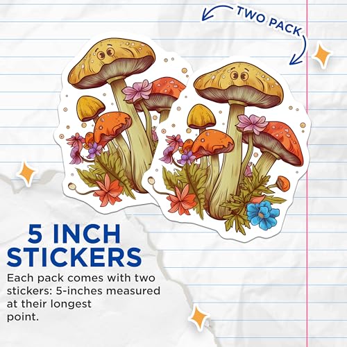 (2 Pack) Whimsical Mushroom Stickers - Cute Fungi Stickers - Colorful Forest Stickers - 5" On Longest Side - Sticks to Any Smooth Flat Surface - Made in USA - BMCS3533