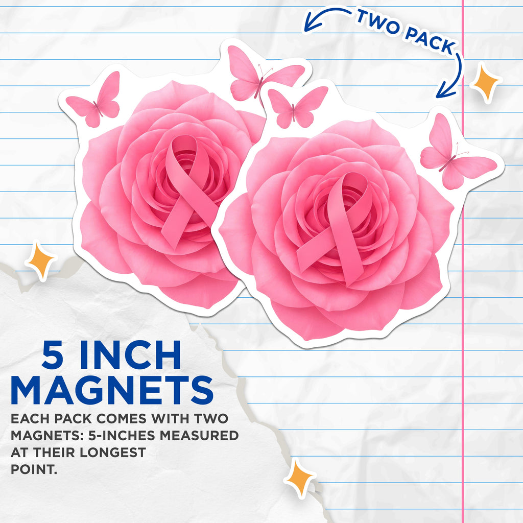 (2 Pack) Pink Ribbon Awareness Magnets - Breast Cancer Support - Hope and Strength Survivor - Floral Rose Butterfly Decorative Magnets - 5" - Thick Durable Magnet - Made in USA - MAG39381