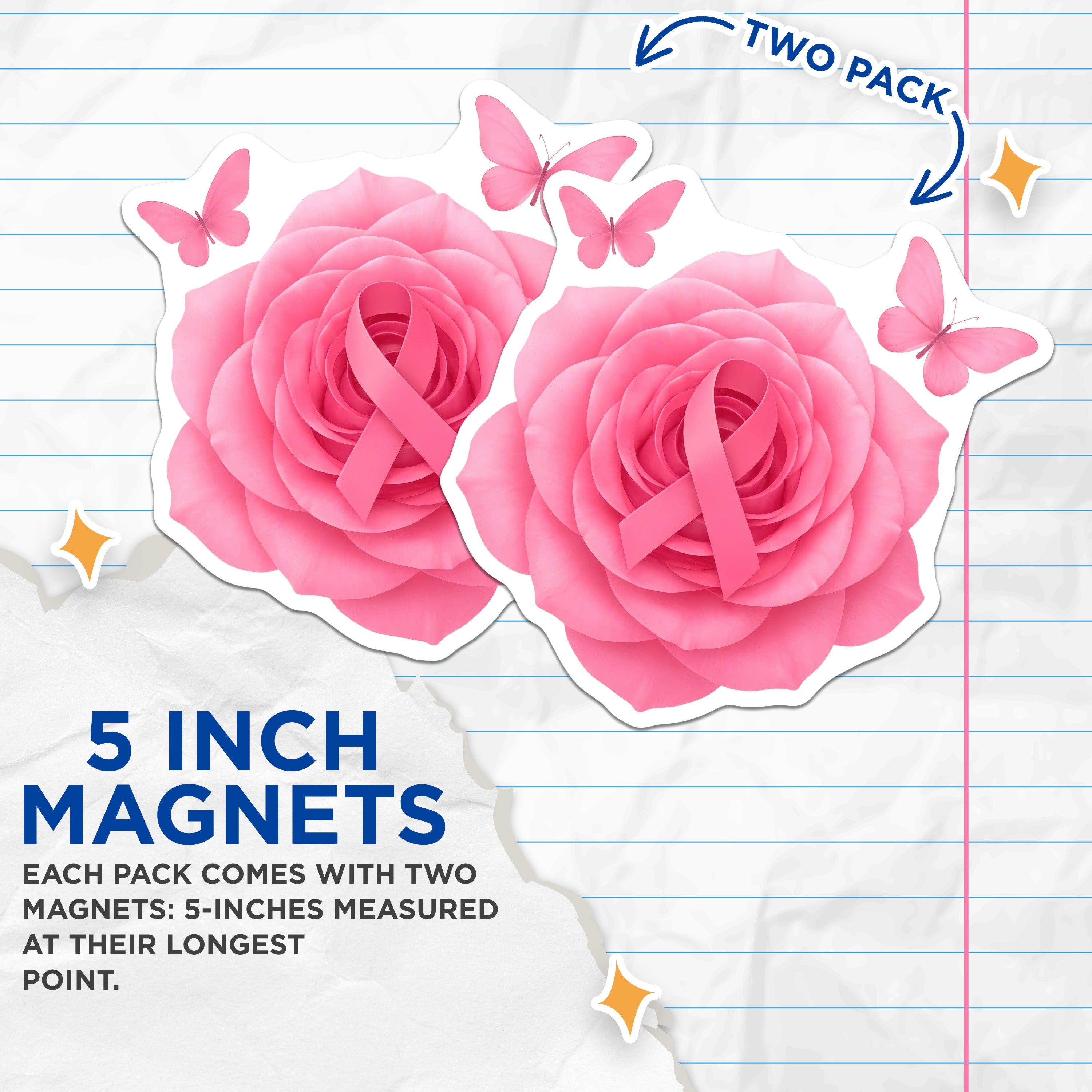 (2 Pack) Pink Ribbon Awareness Magnets - Breast Cancer Support - Hope and Strength Survivor - Floral Rose Butterfly Decorative Magnets - 5" - Thick Durable Magnet - Made in USA - MAG39381