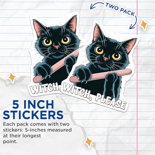 (2 Pack) Witch Please Stickers - Black Cat Stickers - Funny Cat Stickers - Halloween Stickers - 5" On Longest Side - Sticks to Any Smooth Flat Surface - Made in USA - BMCS3322