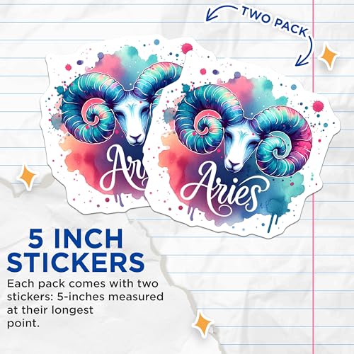 (2 Pack) Aries Zodiac Stickers - Horoscope Sticker Decals - Astrology Watercolor Art - 5" On Longest Side - Sticks to Smooth Flat Surfaces - Made in USA - BMCS6461