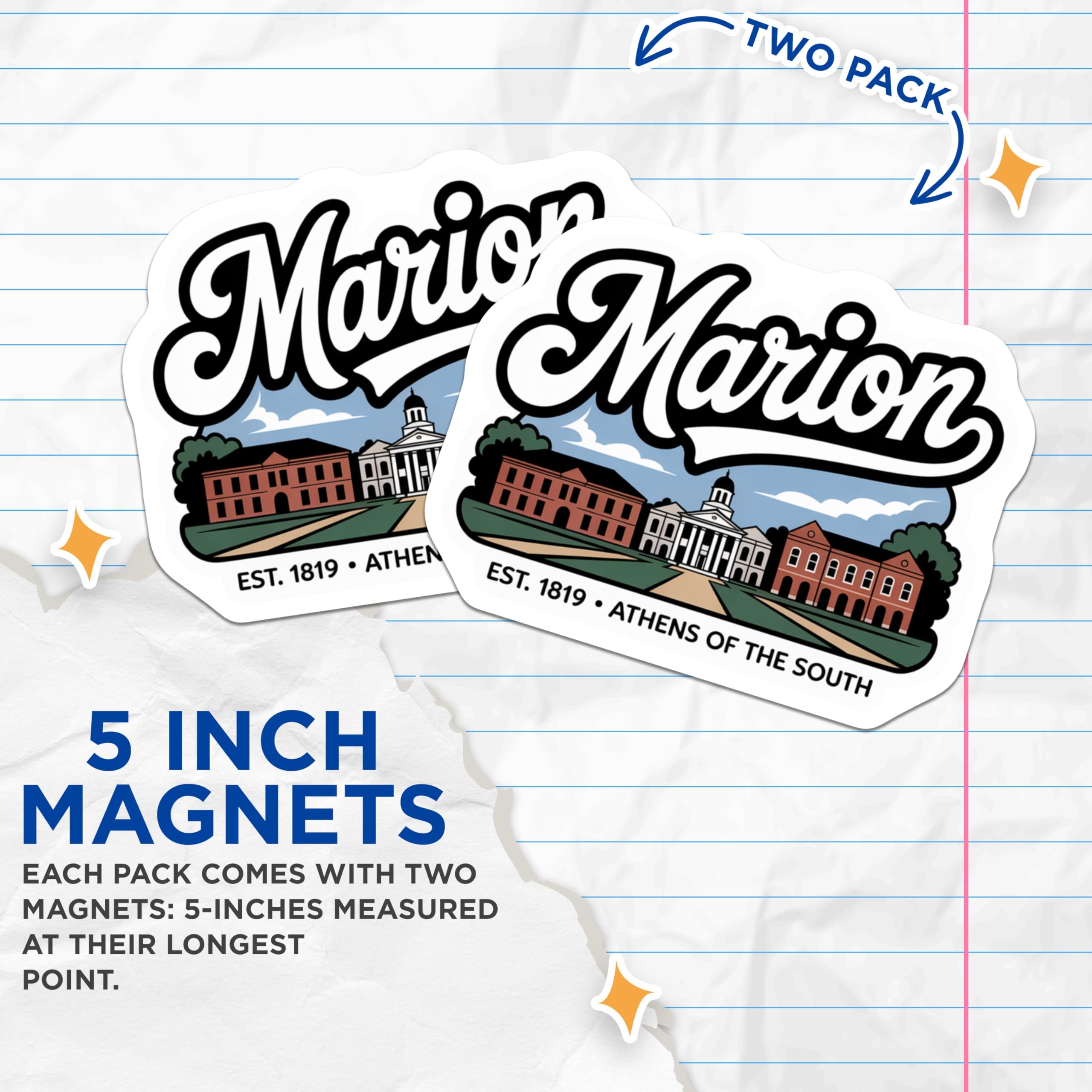 (2 Pack) Marion Alabama Magnets - Athens of The South Decor - University Landmarks Souvenir - 5" On Longest Side - Premium Magnet - for Cars, Refrigerators, Toolboxes, Lockers - Made in USA - MAG18155