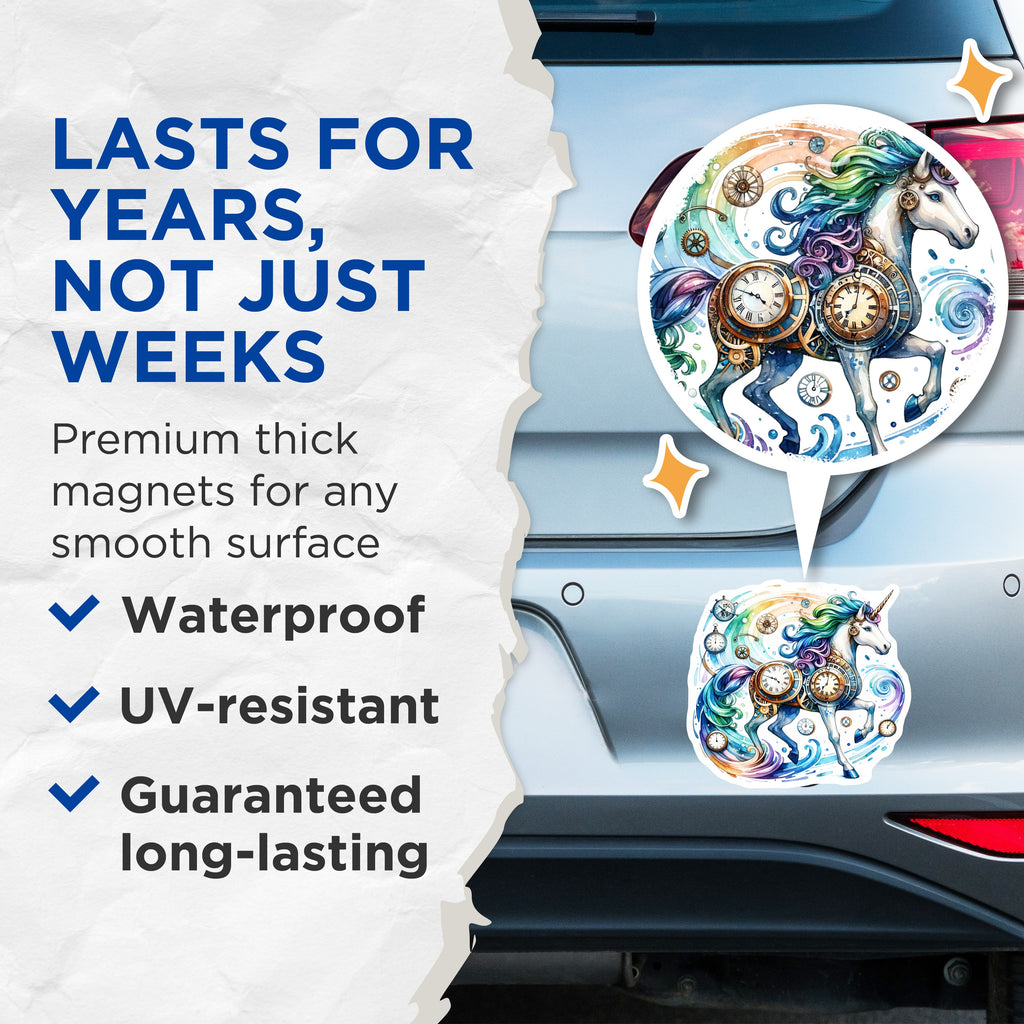 (2 Pack) Steampunk Unicorn Magnets - Clockwork Fantasy Art - Rainbow Magical Creature - 5 Inches On Longest Side - Thick Durable Magnet - Made in USA - MAG37041