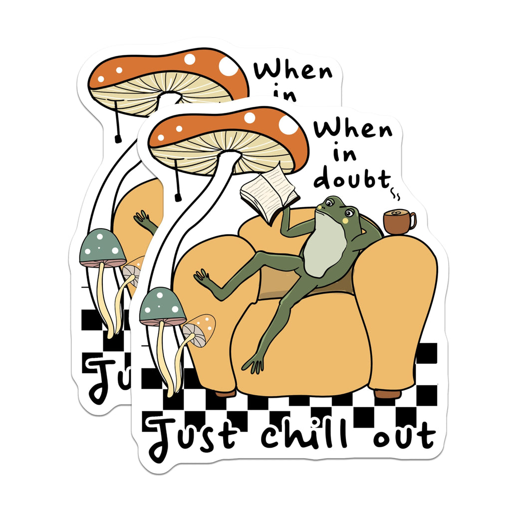 (2 Pack) Relaxing Frog Stickers - Mushroom Reading - Chill Out Sticker Pack - 5" On Longest Side - Sticks to Smooth Flat Surfaces - Made in USA - BMCS5938
