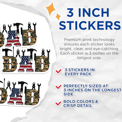 (3 Pack) Dad Tools Decals - Camo Dad - American Flag Father Decal - 3 Inches On Longest Side - Easy Peel & Apply - Made in USA - 3MCS7413