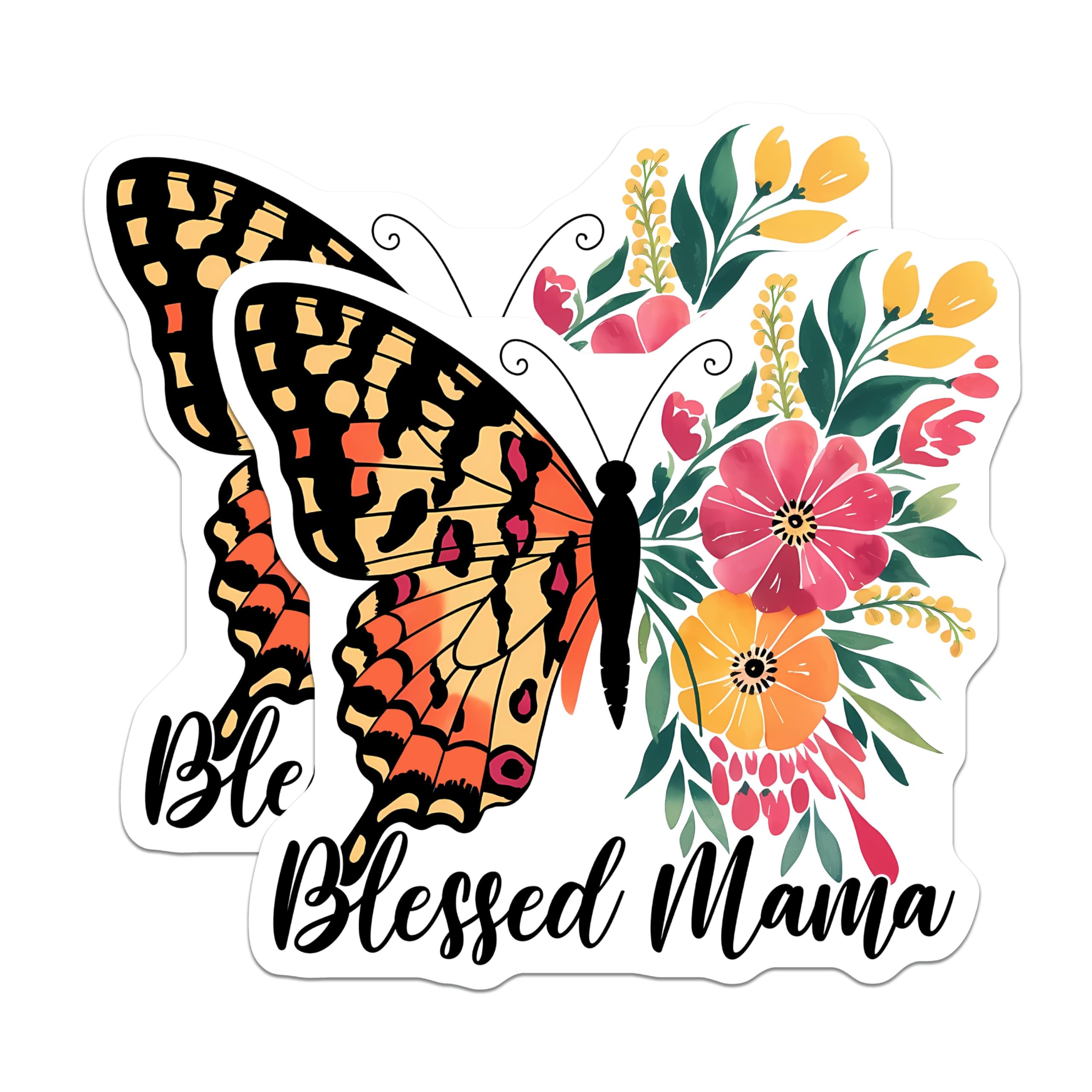 (2 Pack) Blessed Mama Magnets - Butterfly Design - Floral Decor - 5" On Longest Side - for Cars, Fridges, Toolboxes - Made in USA - MAG7718