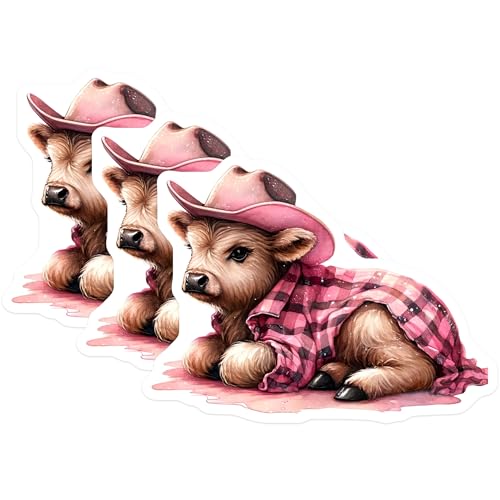 (3 Pack) Highland Cow Decals - Cowboy Cow - Flannel Cow Decals - 3 Inches On Longest Side - Easy Peel & Apply - Made in USA - 3MCS2387