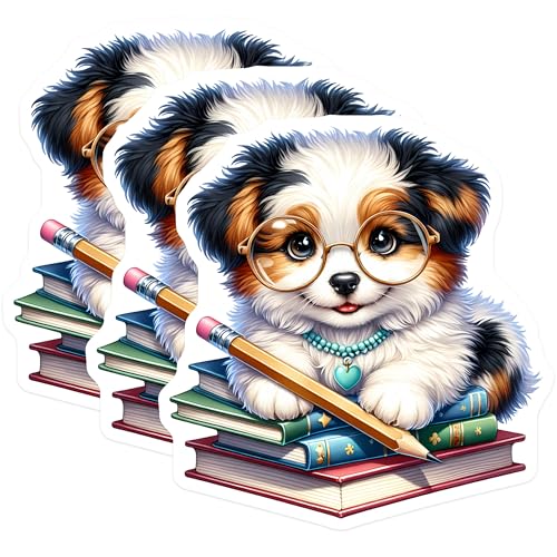(3 Pack) Puppy Decals - Smart Dog with Glasses - Back to School Decals - 3 Inches On Longest Side - Easy Peel & Apply - Made in USA - 3MCS8155