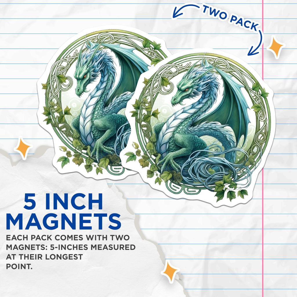 (2 Pack) Green Blue Dragon Magnets - Celtic Fantasy Decor - Mythical Creature Art - 5 Inches On Longest Side - Thick Durable Magnet - Made in USA - MAG30615