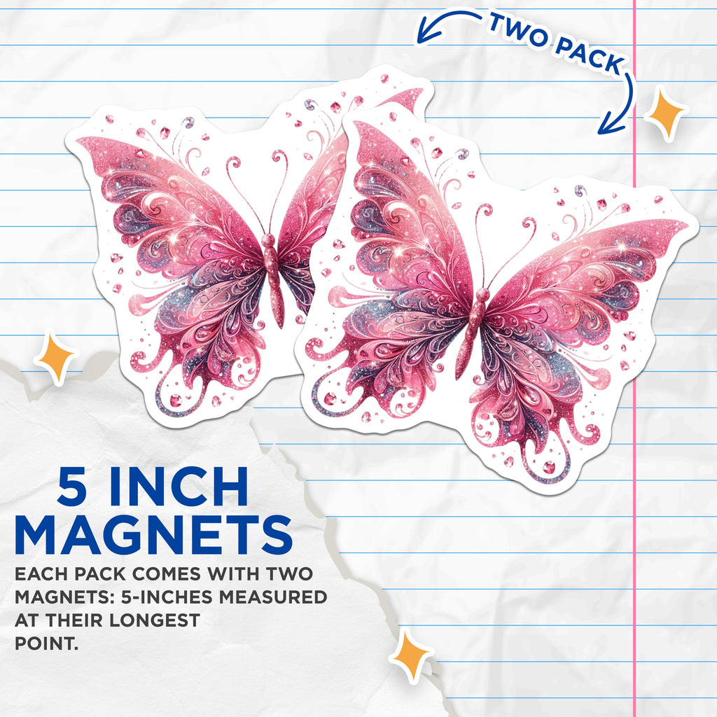 (2 Pack) Pink Butterfly Magnets - Sparkly Fairycore Aesthetic Decor - Whimsical Fridge Art - Dazzling Fantasy Design - 5 Inches On Longest Side - Thick Durable Magnet - Made in USA - MAG36532