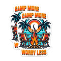 (2 Pack) Camp More Worry Less Stickers - Outdoor Adventure - Camping Theme - 5" On Longest Side - Sticks to Smooth Flat Surfaces - Made in USA - BMCS6928