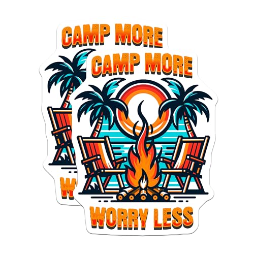 (2 Pack) Camp More Worry Less Stickers - Outdoor Adventure - Camping Theme - 5" On Longest Side - Sticks to Smooth Flat Surfaces - Made in USA - BMCS6928