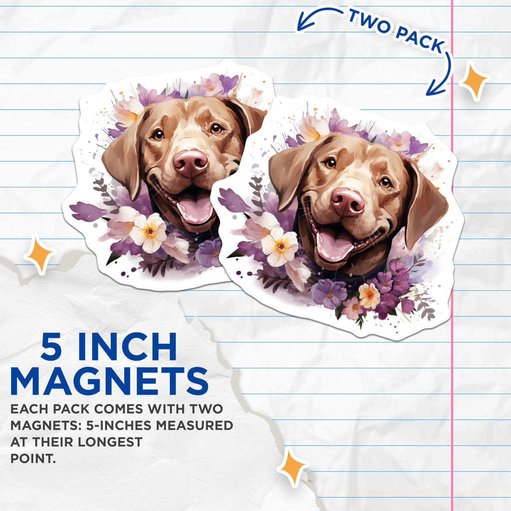 (2 Pack) Happy Labrador Magnets - Floral Dog Mom Decor - Purple Flower Animal Art - Kitchen Fridge Accessory - 5 Inches On Longest Side - Thick Durable Magnet - Made in USA - MAG30247