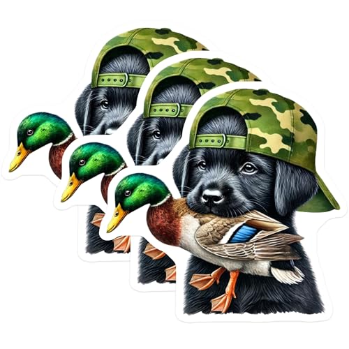 (3 Pack) Hunting Dog Decals - Puppy with Duck - Camo Hat Labrador Decal - 3 Inches On Longest Side - Easy Peel & Apply - Made in USA - 3MCS4802