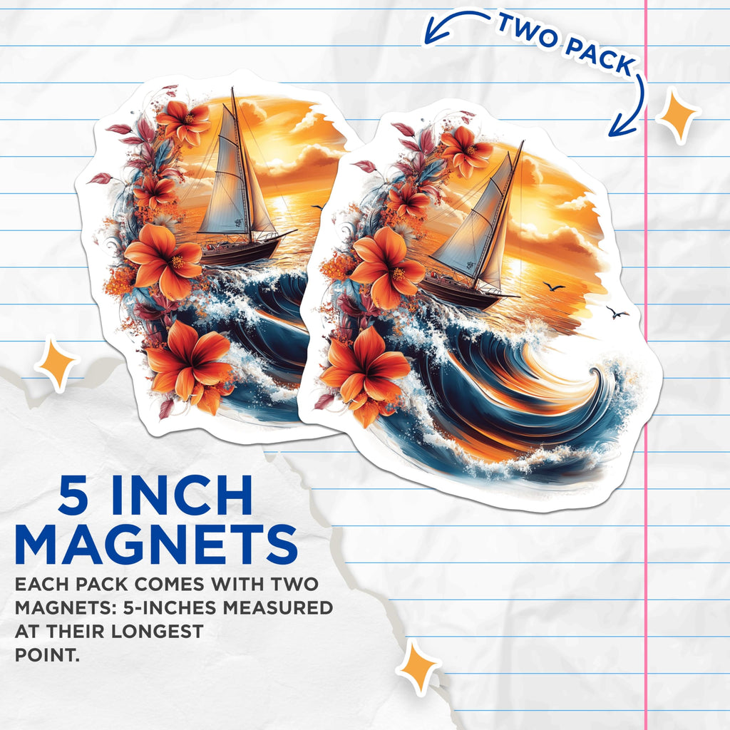 (2 Pack) Tropical Sunset Sailboat Magnets - Ocean Waves and Hibiscus Art - Coastal Beach House Nautical Decor - 5 Inches On Longest Side - Thick Durable Magnet - Made in USA - MAG19870