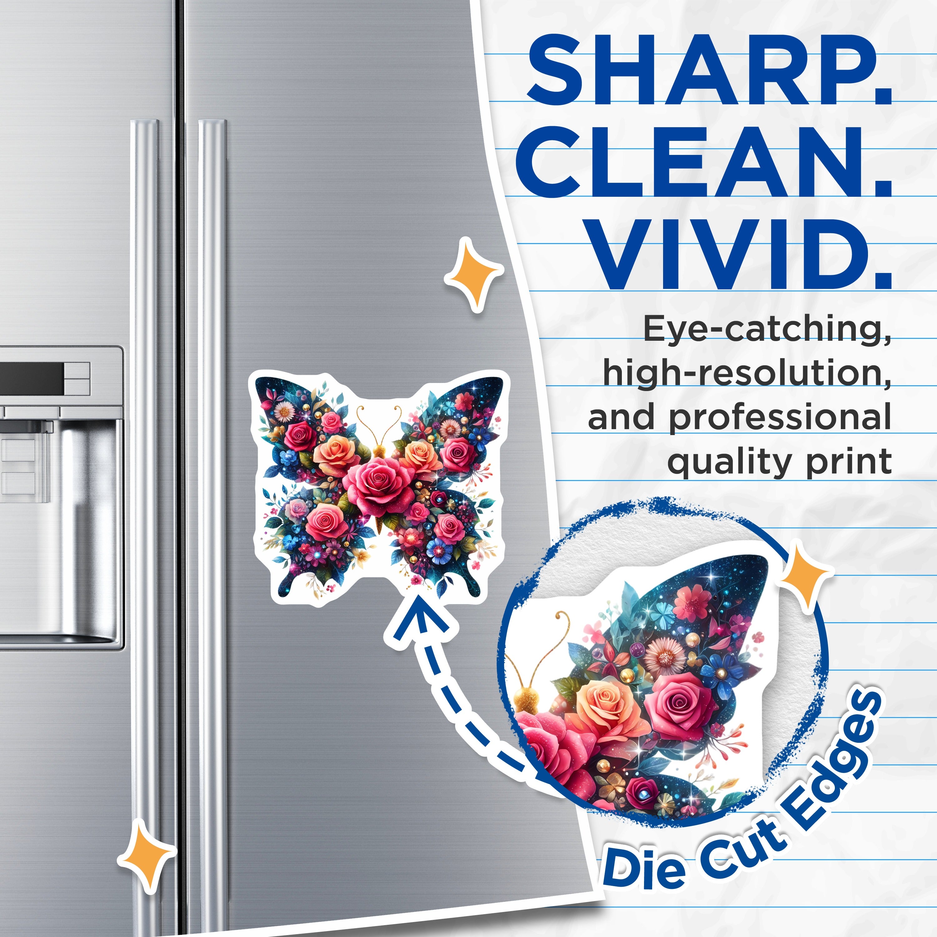 (2 Pack) Floral Butterfly Magnets - Enchanted Rose Design - Whimsical Refrigerator Decor - 5 Inches On Longest Side - Thick Durable Magnet - Made in USA - MAG37633