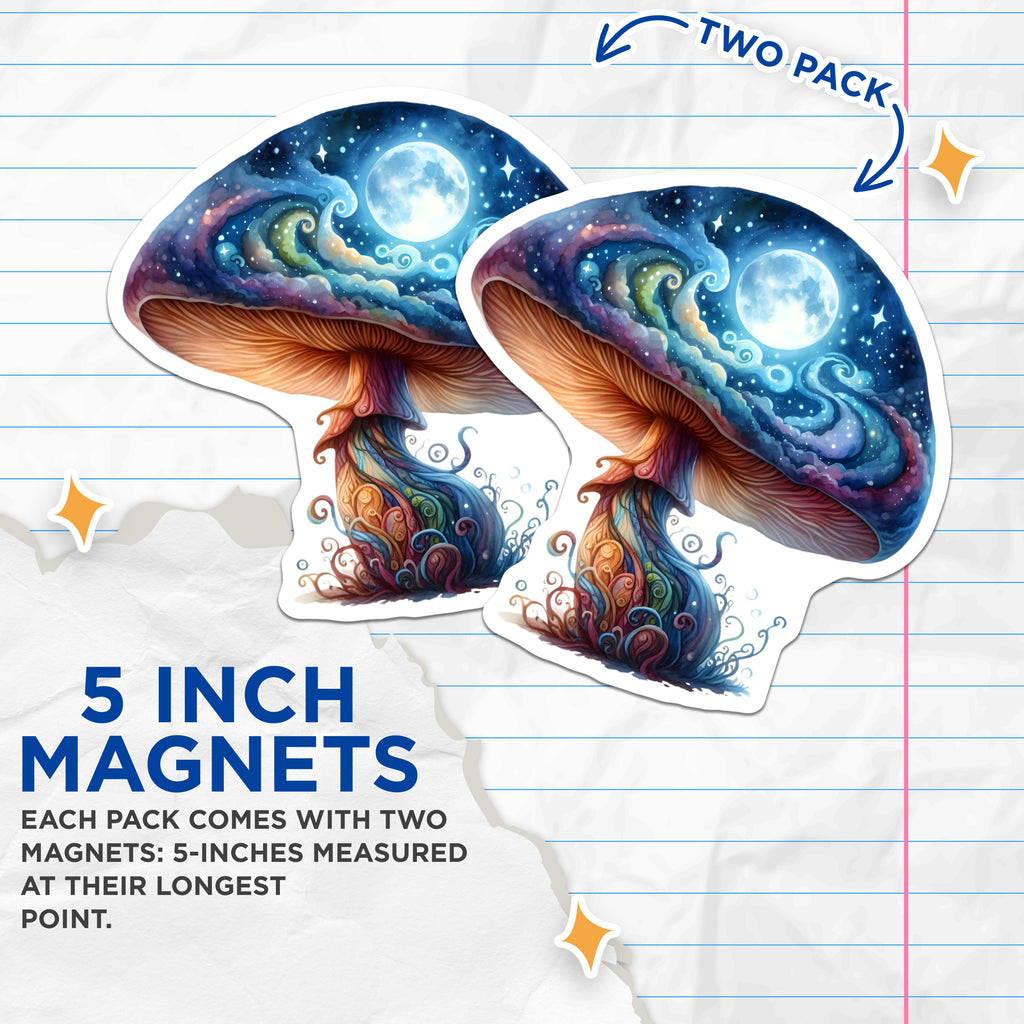 (2 Pack) Celestial Mushroom Magnets - Cosmic Toadstool Decor - Fantasy Art Fridge Accent - 5 Inches On Longest Side - Thick Durable Magnet - Made in USA - MAG38167