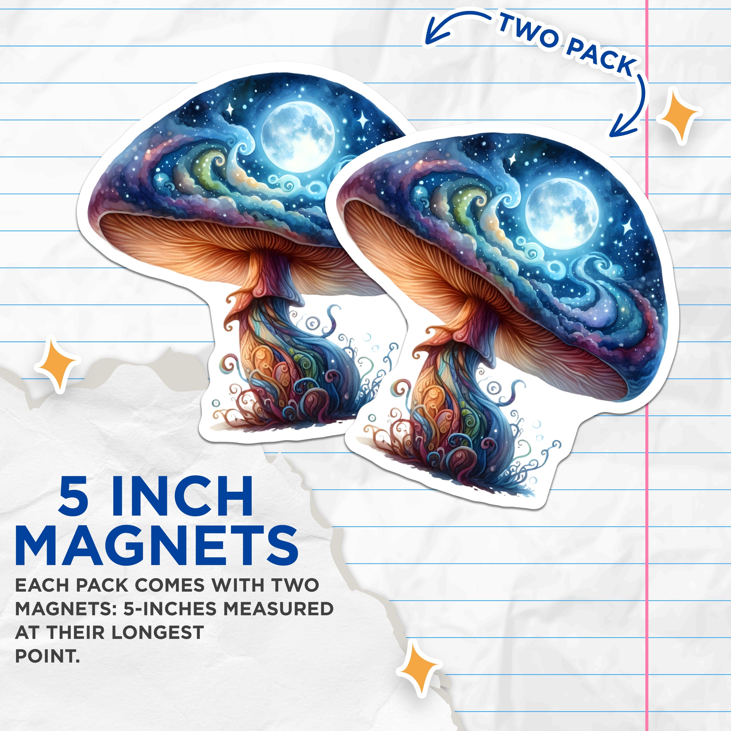 (2 Pack) Celestial Mushroom Magnets - Cosmic Toadstool Decor - Fantasy Art Fridge Accent - 5 Inches On Longest Side - Thick Durable Magnet - Made in USA - MAG38167
