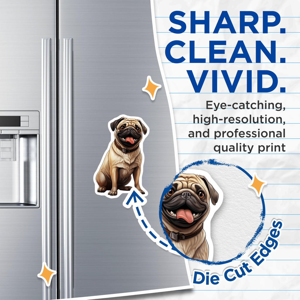 (2 Pack) Cheerful Pug Magnets - Lovable Dog Breed Artwork - Funny Animal Decor for Refrigerator Locker Kitchen Office - 5 Inches On Longest Side - Thick Durable Magnet - Made in USA - MAG24005