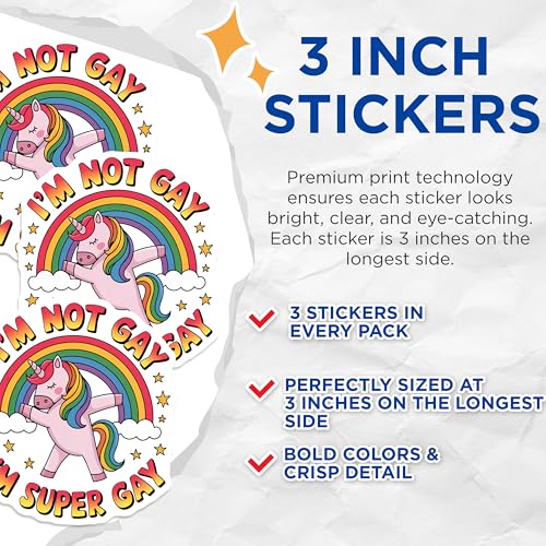 (3 Pack) Rainbow Unicorn Decals - LGBT Pride Stickers - Super Gay Rainbow Decal - 3 Inches On Longest Side - Easy Peel & Apply - Made in USA - 3MCS7703