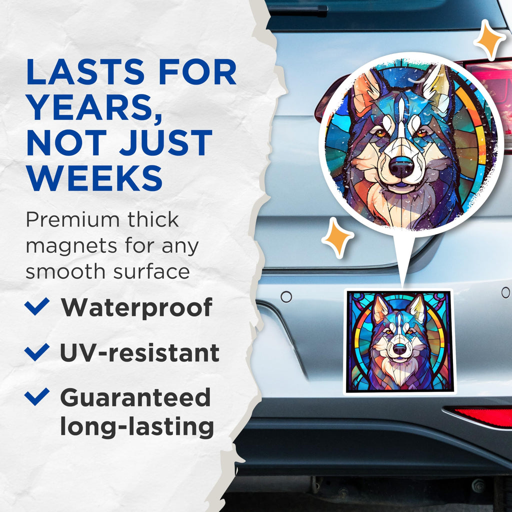 (2 Pack) Husky Dog Magnets - Stained Glass Style - Refrigerator Home Decor - 5" On Longest Side - Premium Magnet - for Cars, Refrigerators, Toolboxes, Lockers - Made in USA - MAG14911
