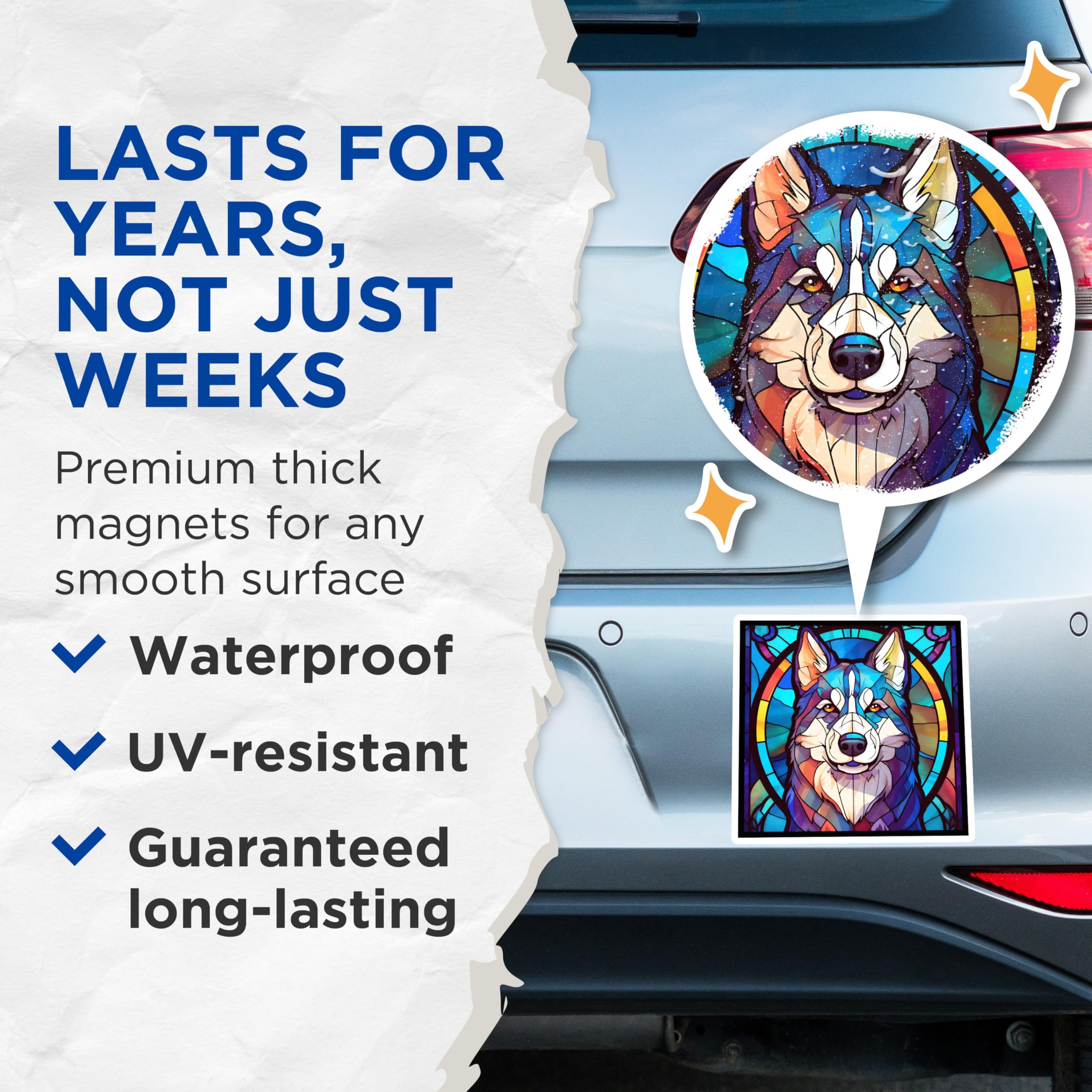 (2 Pack) Husky Dog Magnets - Stained Glass Style - Refrigerator Home Decor - 5" On Longest Side - Premium Magnet - for Cars, Refrigerators, Toolboxes, Lockers - Made in USA - MAG14911