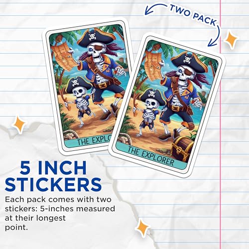(2 Pack) Pirate Skeleton Stickers - Adventure Theme Stickers - Fun Skull Explorer Stickers for Kids and Adults - 5" On Longest Side - Sticks to Smooth Flat Surfaces - Made in USA - BMCS4455