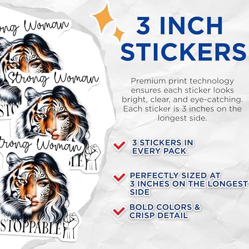 (3 Pack) Strong Woman Decals - Unstoppable Tiger Lady - Empowering Decals - 3 Inches On Longest Side - Easy Peel & Apply - Made in USA - 3MCS8008