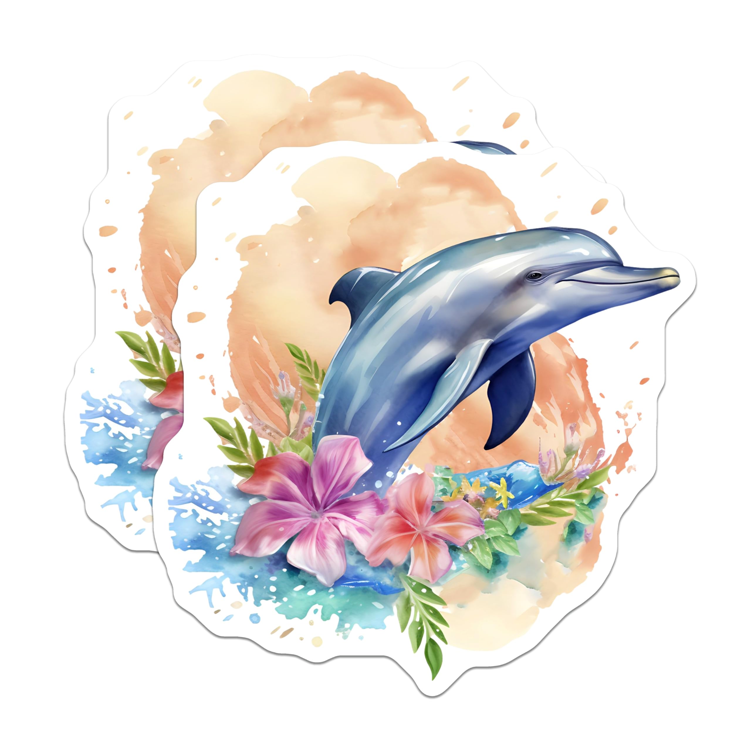 (2 Pack) Leaping Dolphin Magnets - Vibrant Watercolor Ocean Art - Tropical Flower Aesthetic - Marine Life Decor Fridge Locker - 5 Inches On Longest Side - Thick Durable Magnet - Made in USA - MAG23143